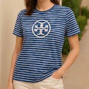 TORY BURCH Pima Cotton Striped Logo Crewneck Tee in Blue Sz S Preppy Nautical